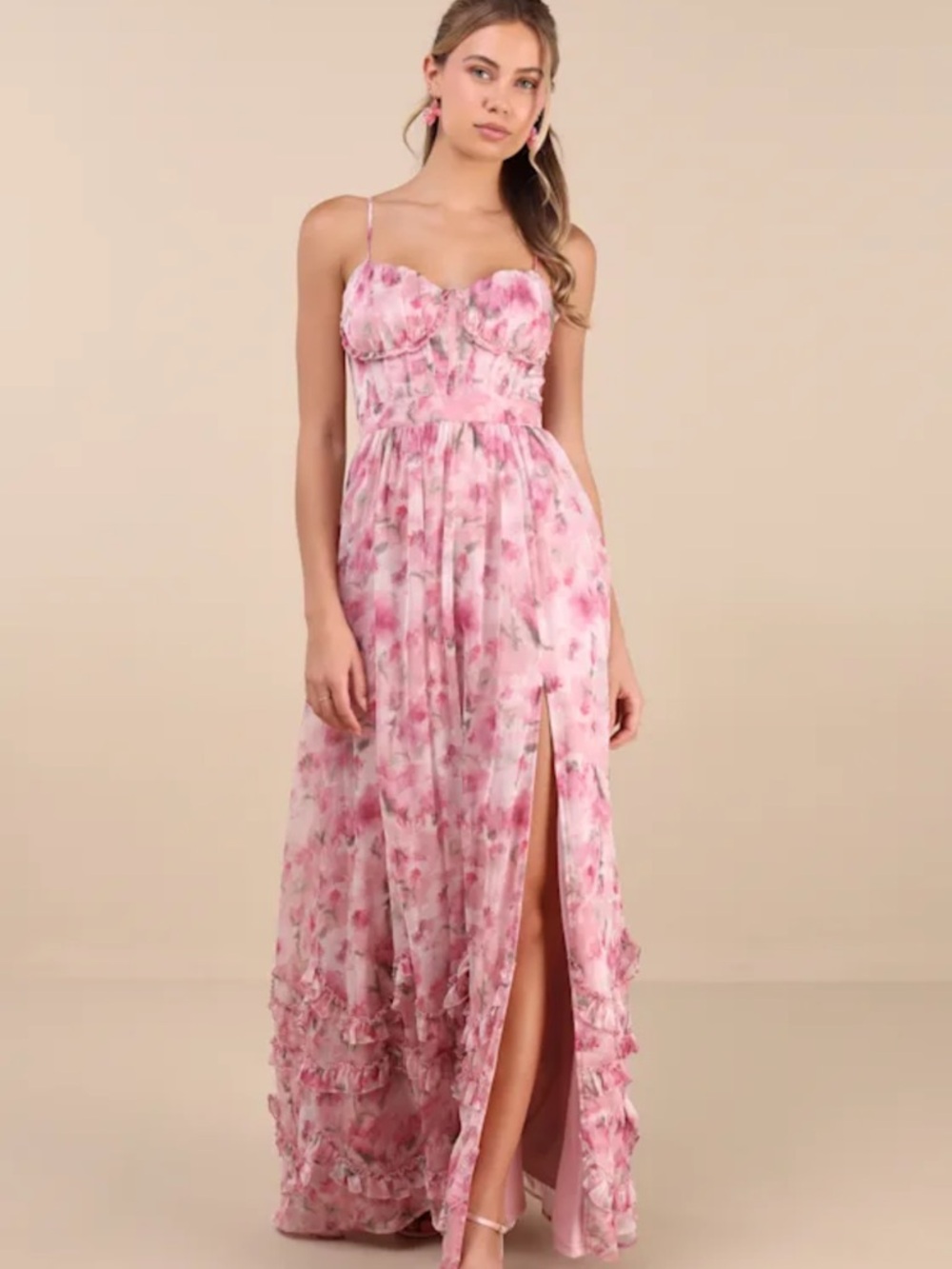 Lulu's Pink Floral Spaghetti-Strap Maxi Dress with Slit
